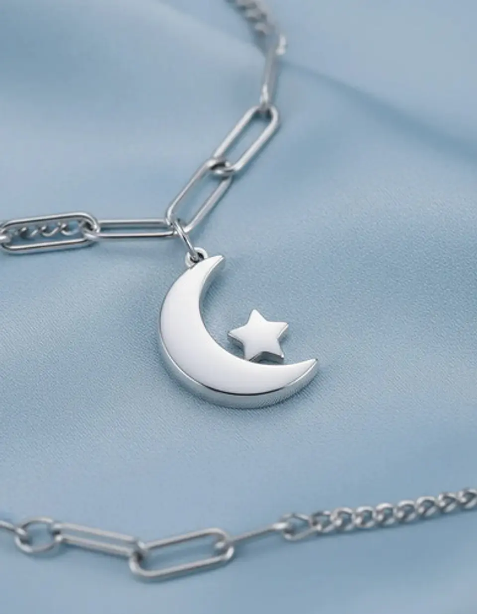 Pulsera De Acero Para Mujer Dije Luna Estrella Doble Cadena 16