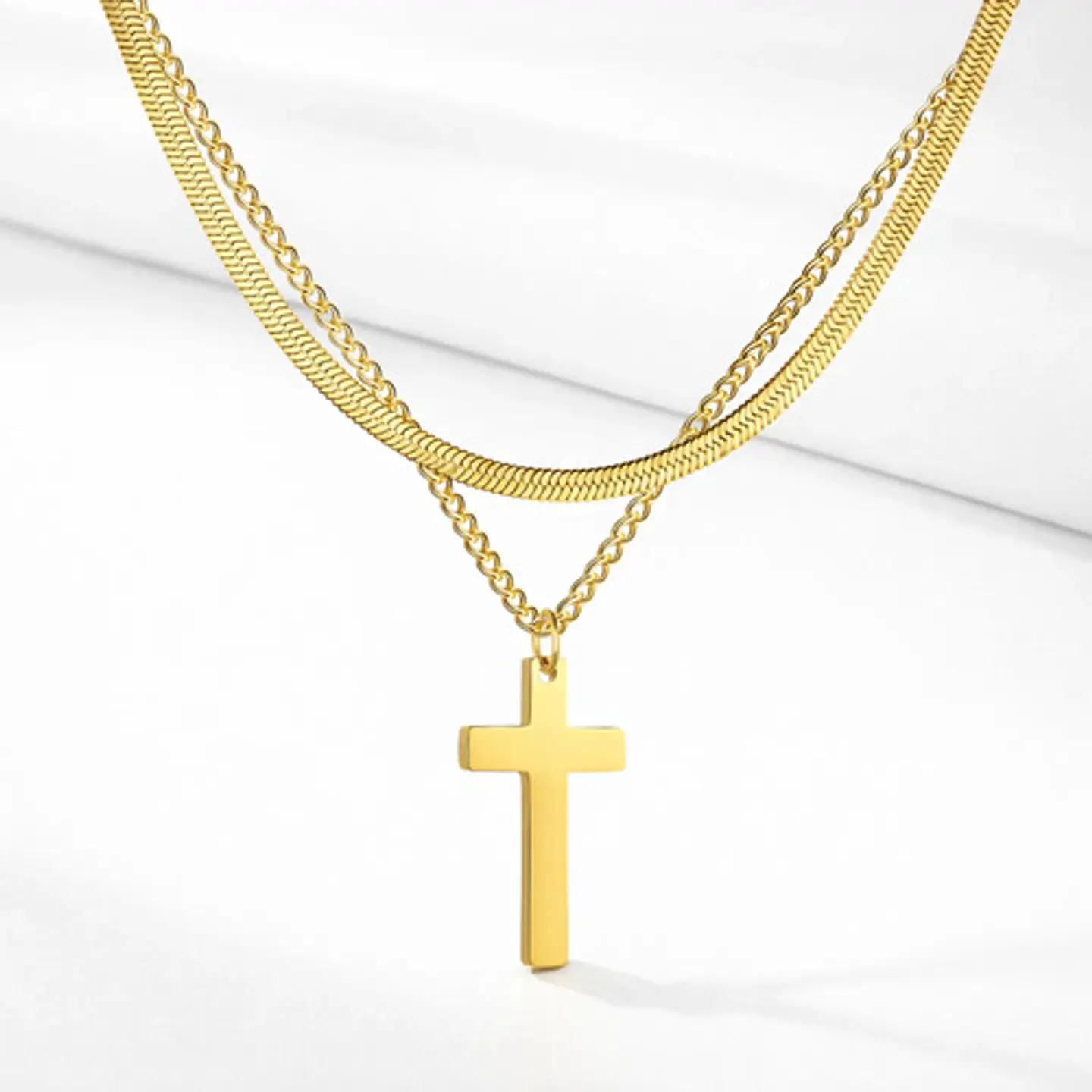 Collar Doble Capa De Acero Para Mujer Dije Cruz Minimalista 2