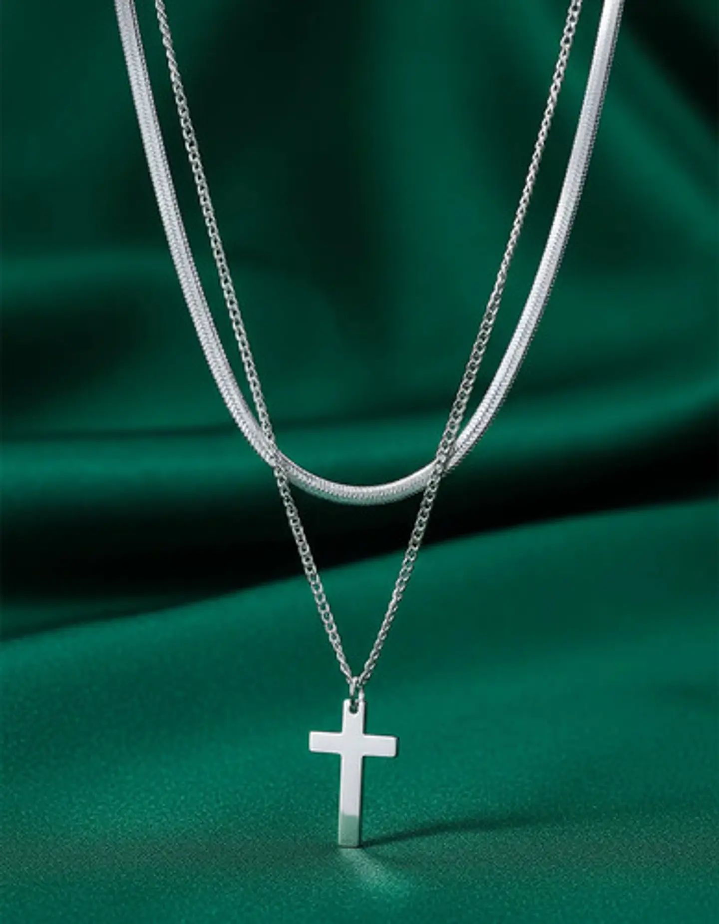 Collar Doble Capa De Acero Para Mujer Dije Cruz Minimalista 14