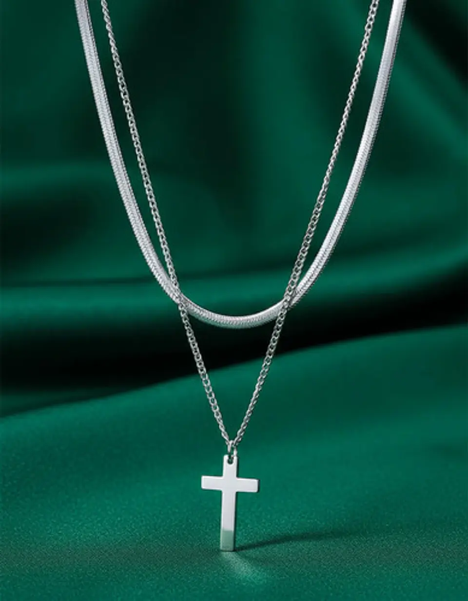 Collar Doble Capa De Acero Para Mujer Dije Cruz Minimalista 14
