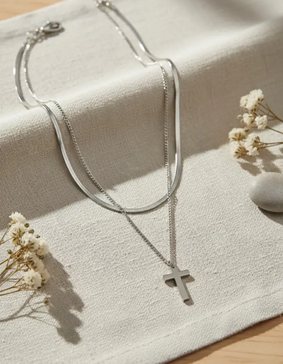 Collar Doble Capa De Acero Para Mujer Dije Cruz Minimalista 15