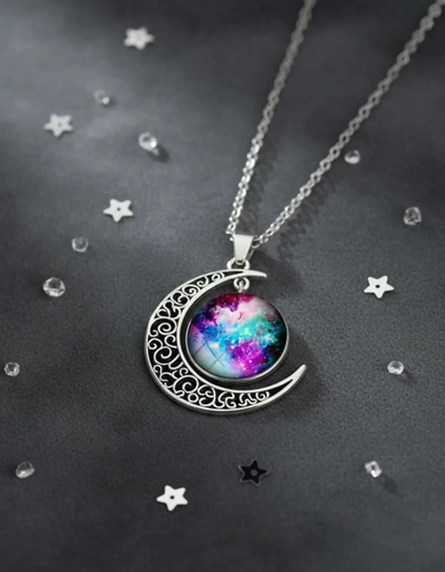 Collar Para Mujer Dije Luna Cristal Cabujón Galaxia Estrella 6