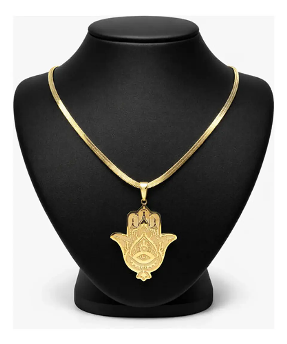 Collar Acero Color Oro Para Hombre Mujer Dije Mano De Fátima 2