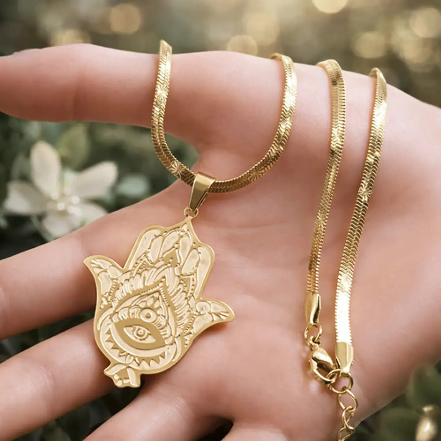 Collar Acero Color Oro Para Hombre Mujer Dije Mano De Fátima 5