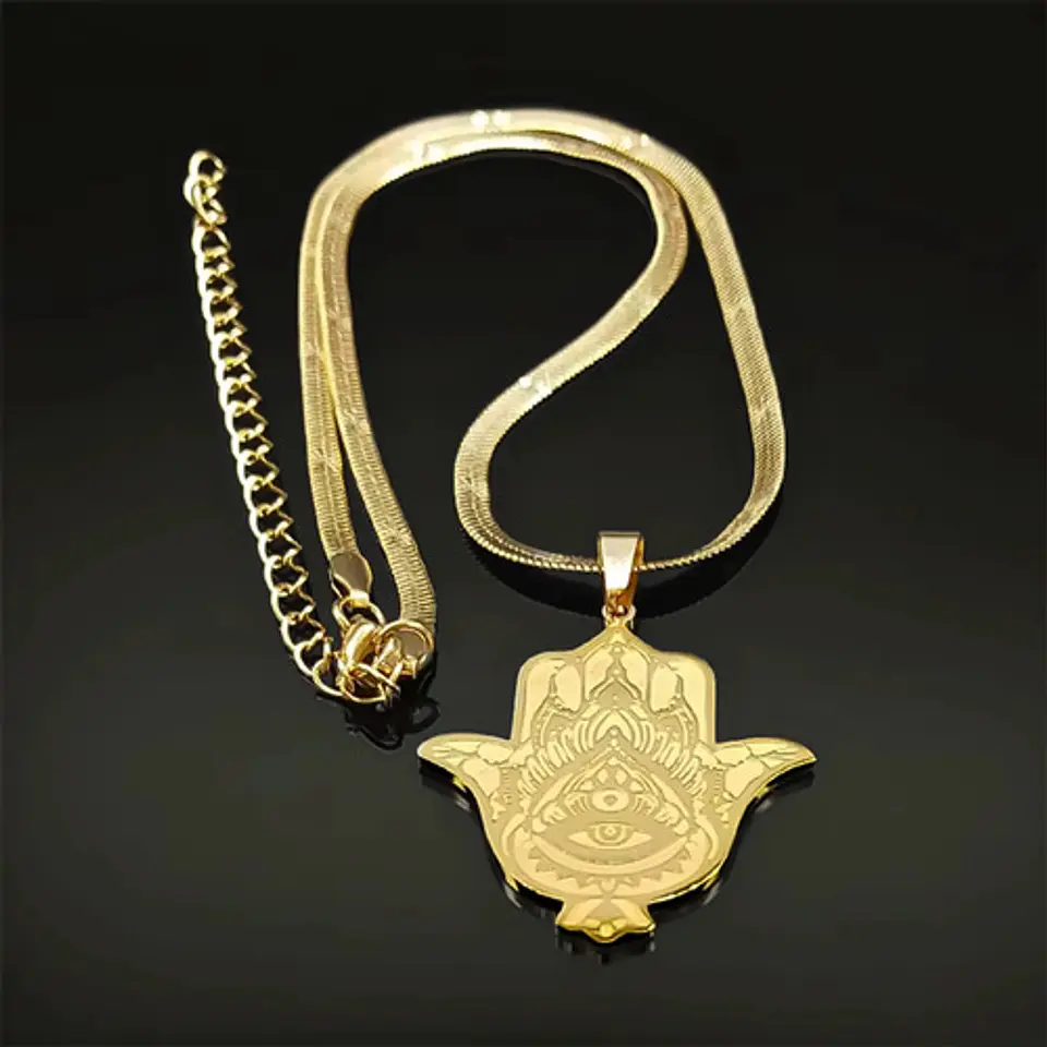 Collar Acero Color Oro Para Hombre Mujer Dije Mano De Fátima 6
