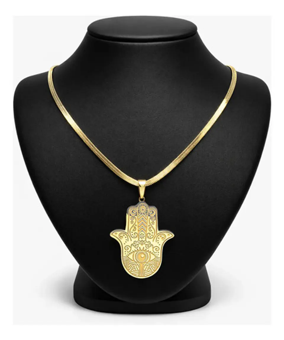 Collar Acero Color Oro Para Hombre Mujer Dije Mano De Fátima 10