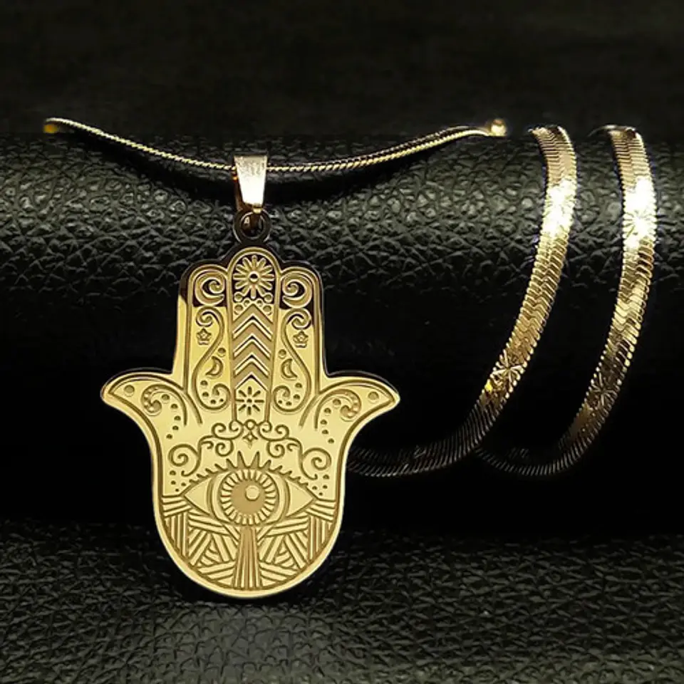 Collar Acero Color Oro Para Hombre Mujer Dije Mano De Fátima 17