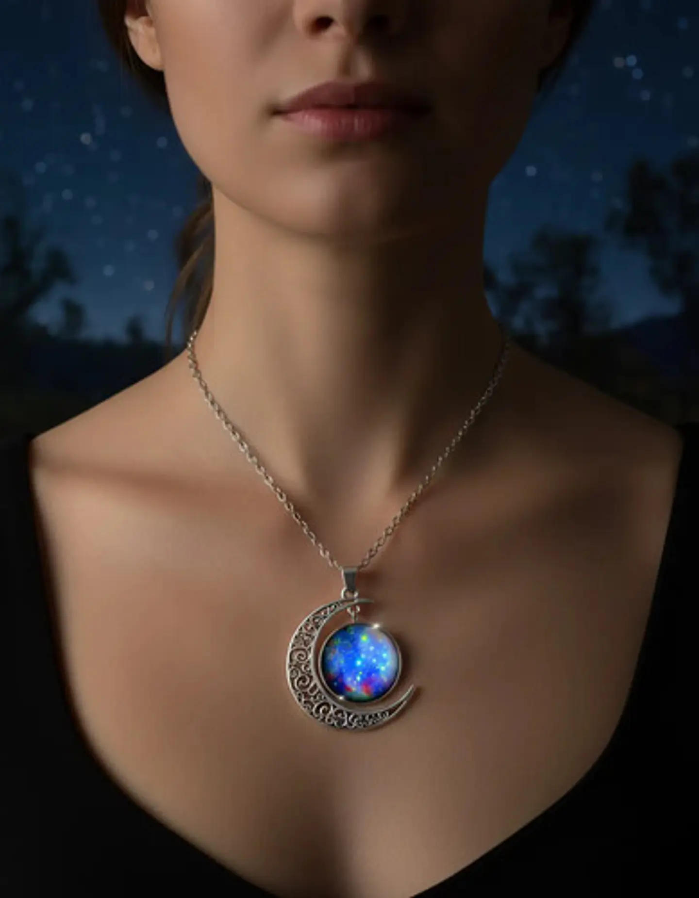 Collar Para Mujer Dije Cabujón Cristal Luna Nebulosa Galaxia 12