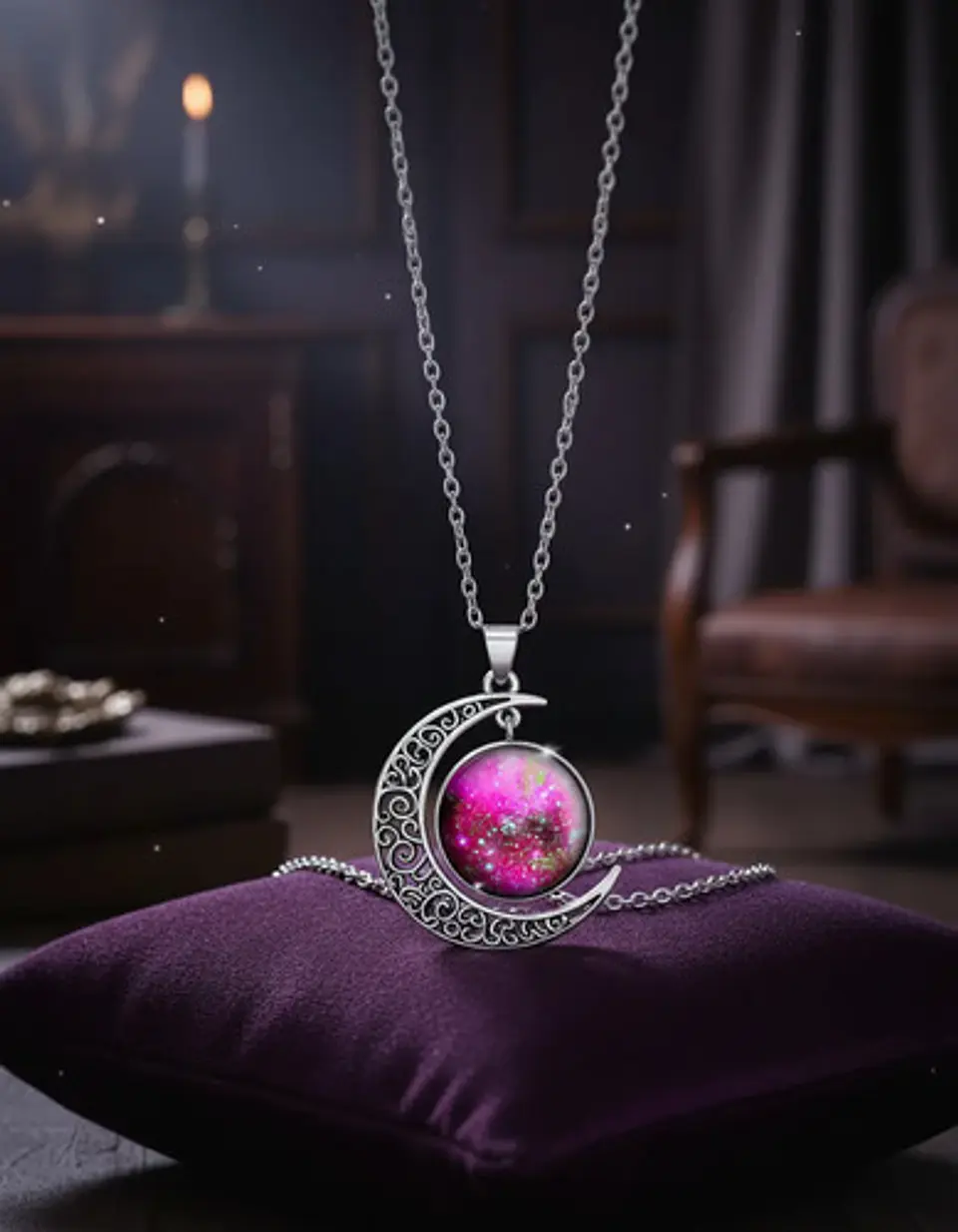 Collar Para Mujer Dije Cabujón Cristal Luna Nebulosa Galaxia 30