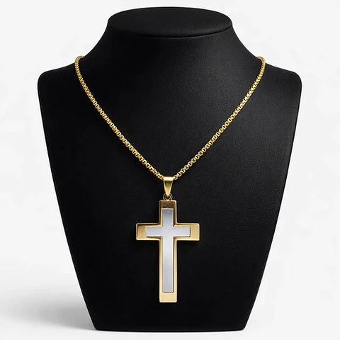 Collar De Acero Cadena Para Hombre Y Mujer Dije Cruz Bicolor