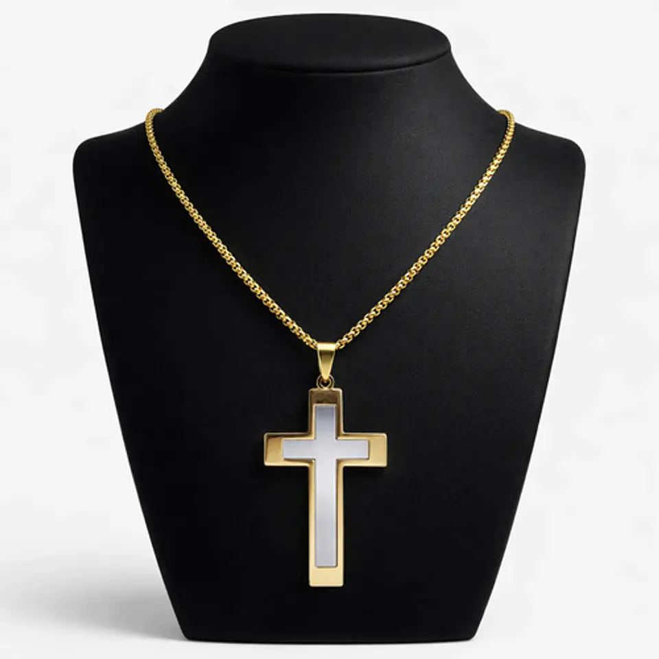 Collar De Acero Cadena Para Hombre Y Mujer Dije Cruz Bicolor 2