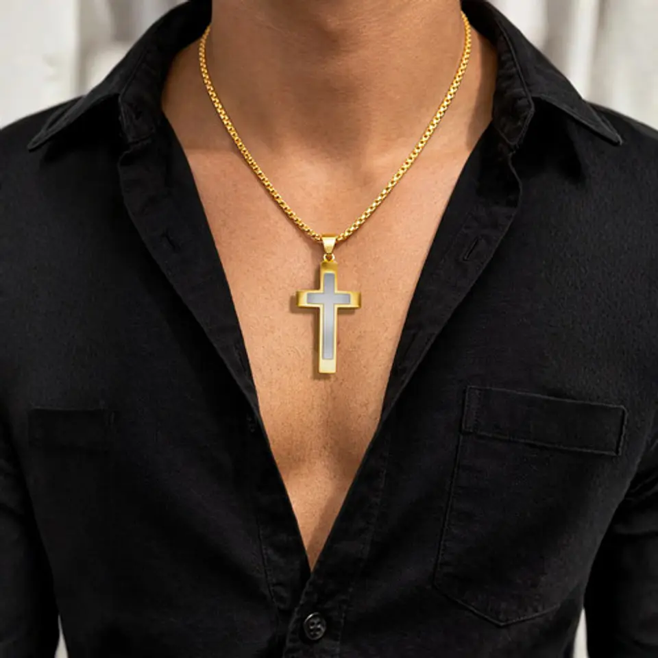 Collar De Acero Cadena Para Hombre Y Mujer Dije Cruz Bicolor 5