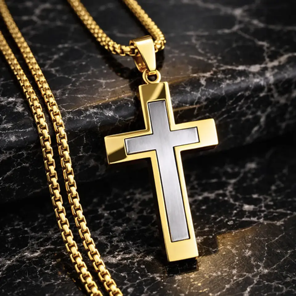 Collar De Acero Cadena Para Hombre Y Mujer Dije Cruz Bicolor 7