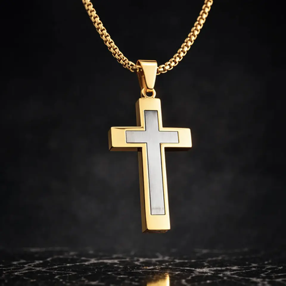 Collar De Acero Cadena Para Hombre Y Mujer Dije Cruz Bicolor 8