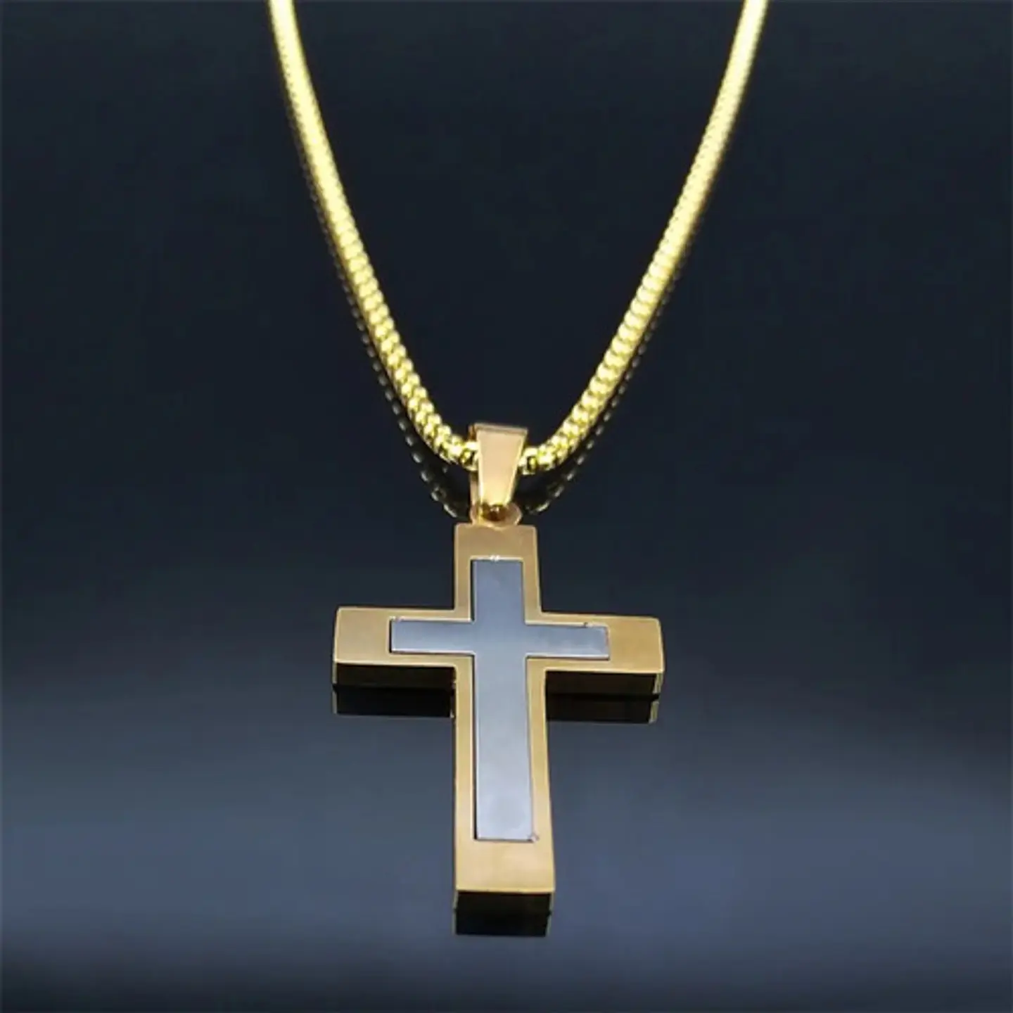 Collar De Acero Cadena Para Hombre Y Mujer Dije Cruz Bicolor 9