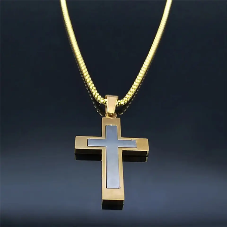 Collar De Acero Cadena Para Hombre Y Mujer Dije Cruz Bicolor 9