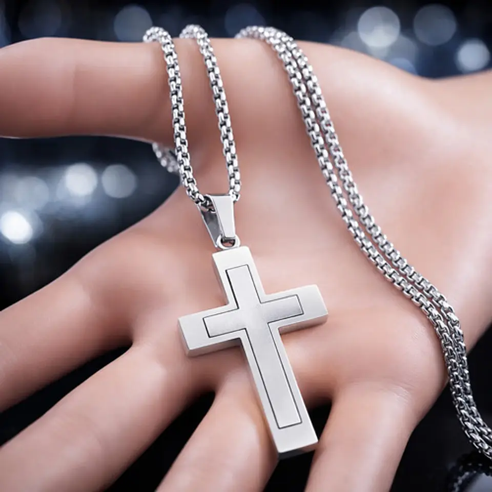 Collar De Acero Cadena Para Hombre Y Mujer Dije Cruz Bicolor 13