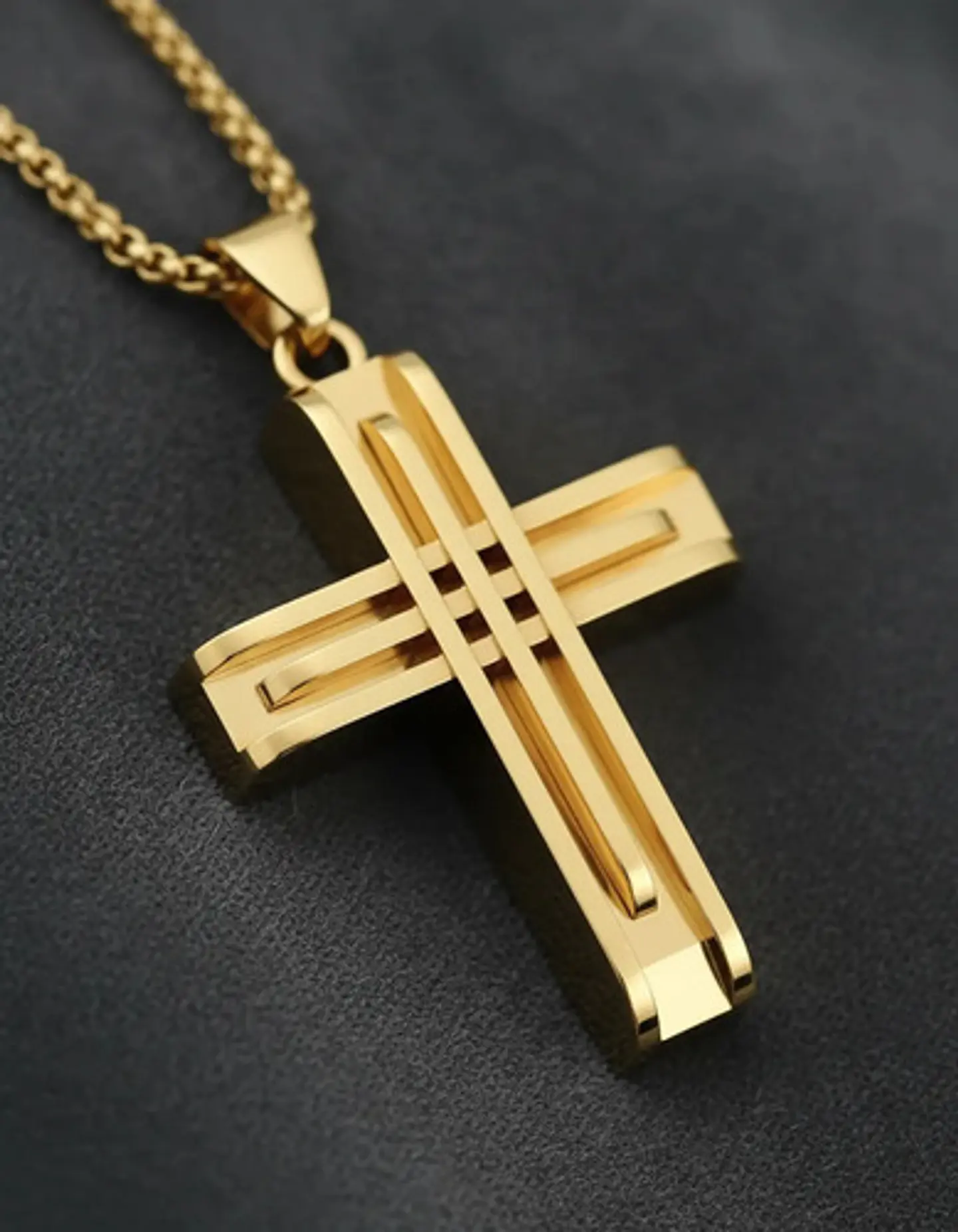 Collar Acero Color Oro Para Hombre Y Mujer Dije Cruz Moderna 7