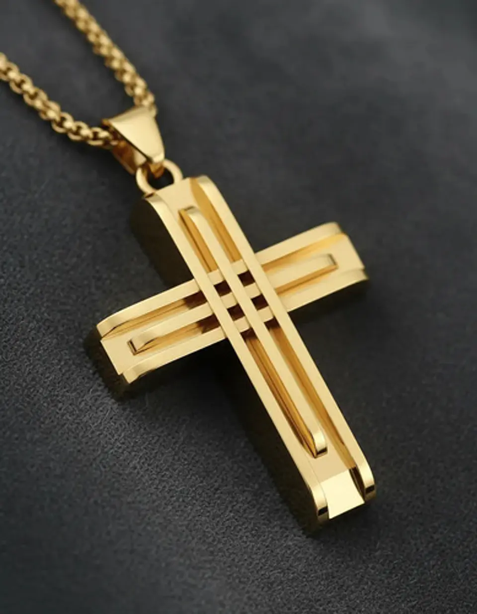 Collar Acero Color Oro Para Hombre Y Mujer Dije Cruz Moderna 7
