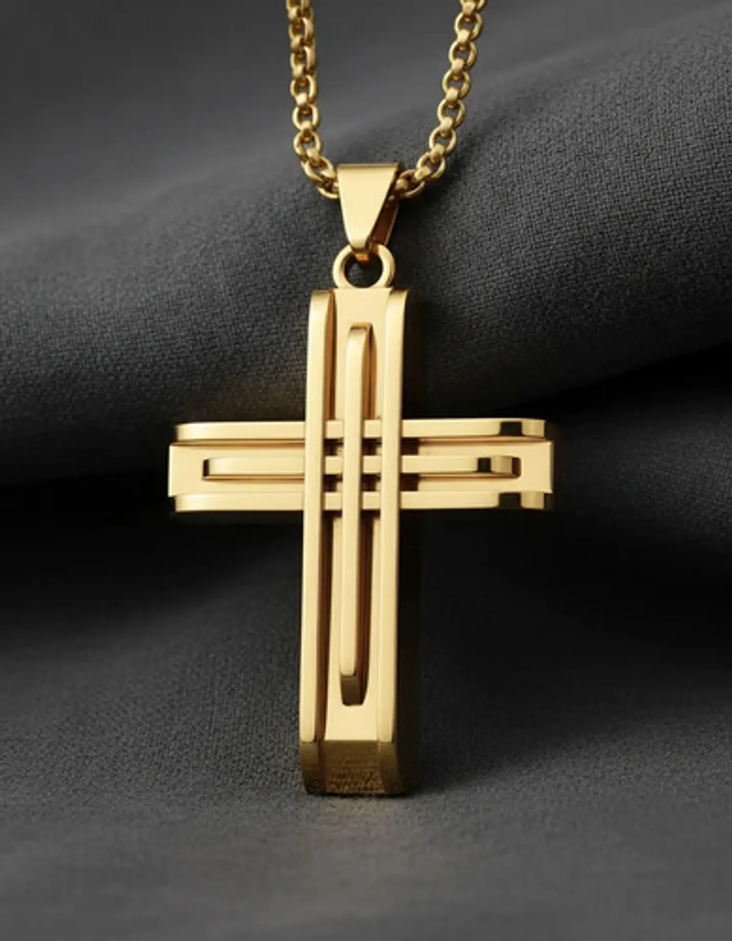 Collar Acero Color Oro Para Hombre Y Mujer Dije Cruz Moderna 8