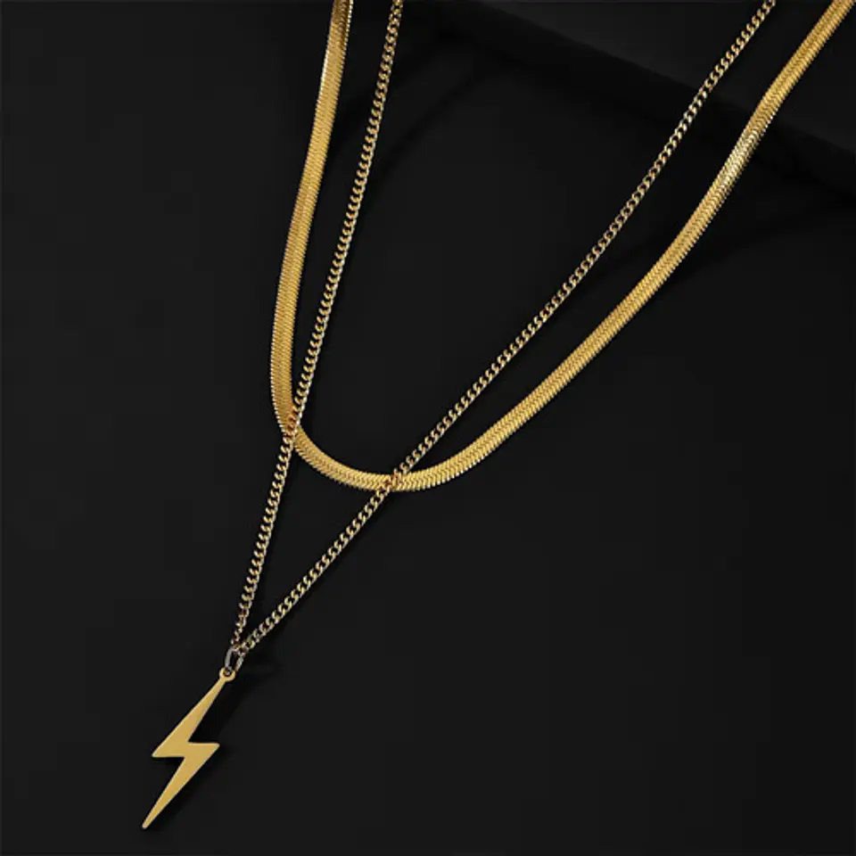 Collar Doble Capa De Acero Para Mujer Dije Rayo Minimalista 9