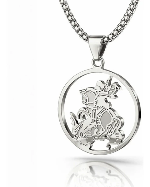 Collar Acero Plateado Para Hombres Dije Arcángel San Miguel