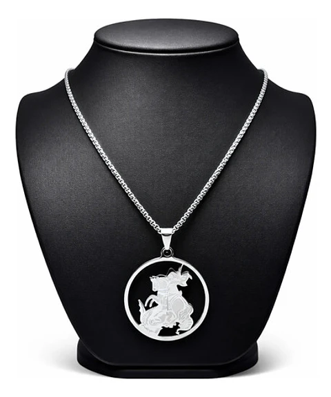 Collar Acero Plateado Para Hombres Dije Arcángel San Miguel
