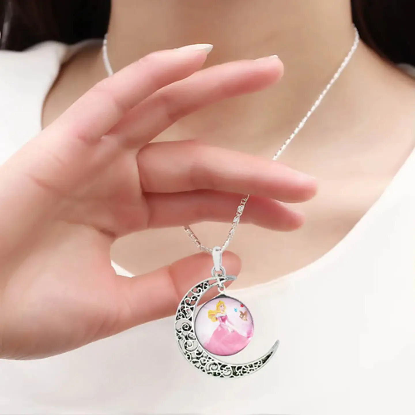 Collar Para Mujeres Niñas Dije Luna Cabujón Princesa Aurora 12