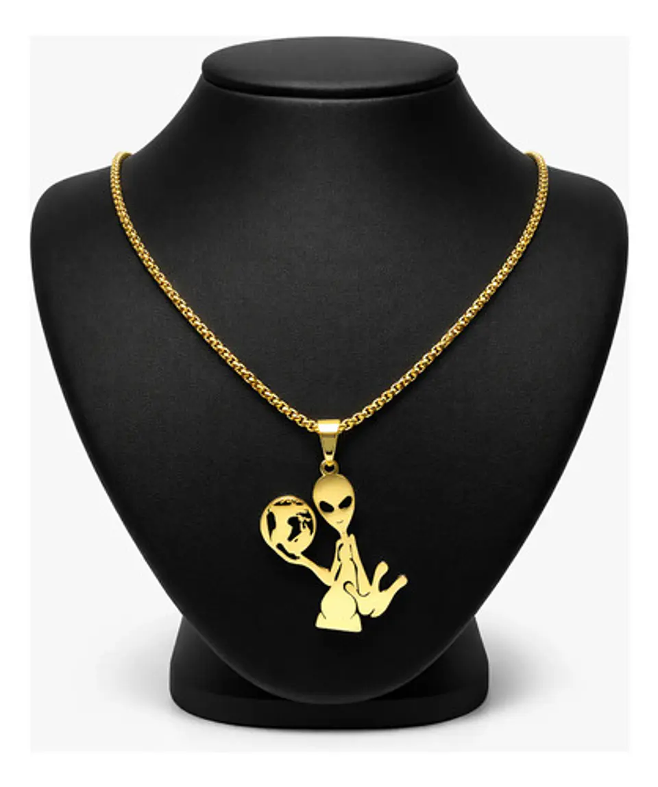 Collar Acero Color Oro Para Hombre Mujer Dije Alienígena Y2k 2
