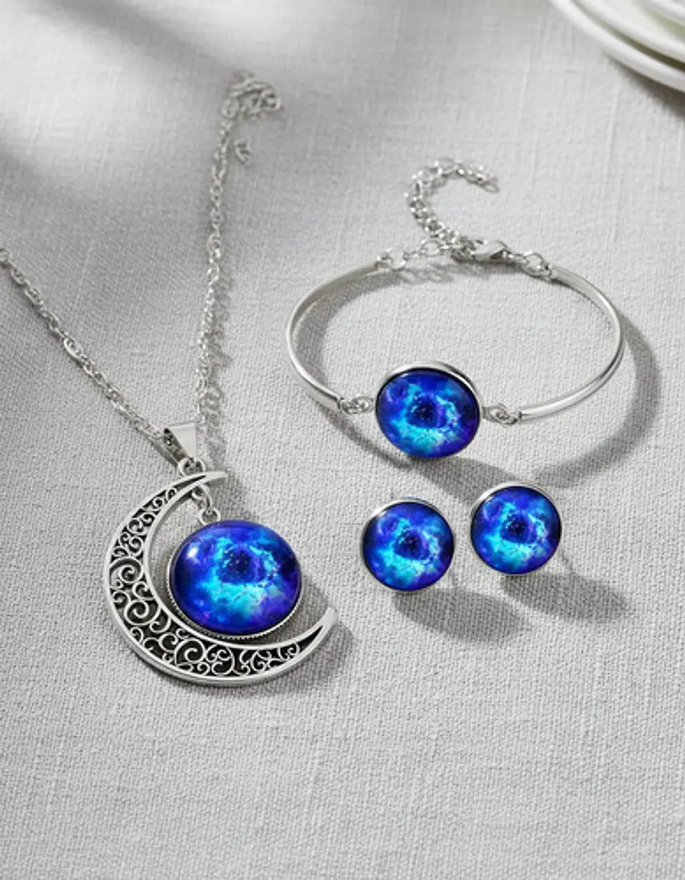 Set Joyería Mujer Collar, Pulsera Y Aretes Dije Galaxia Luna 3