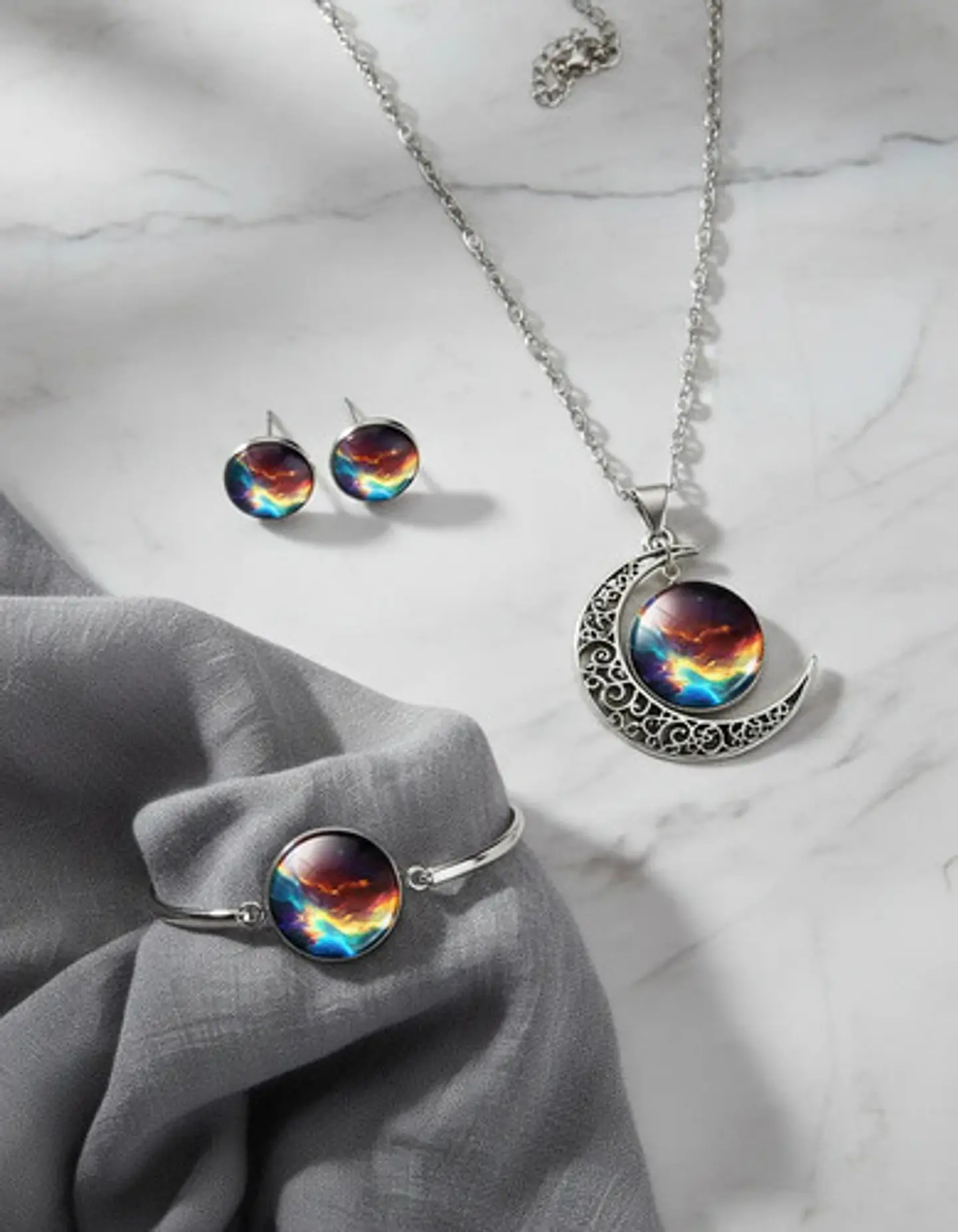 Set Joyería Mujer Collar, Pulsera Y Aretes Dije Galaxia Luna 14