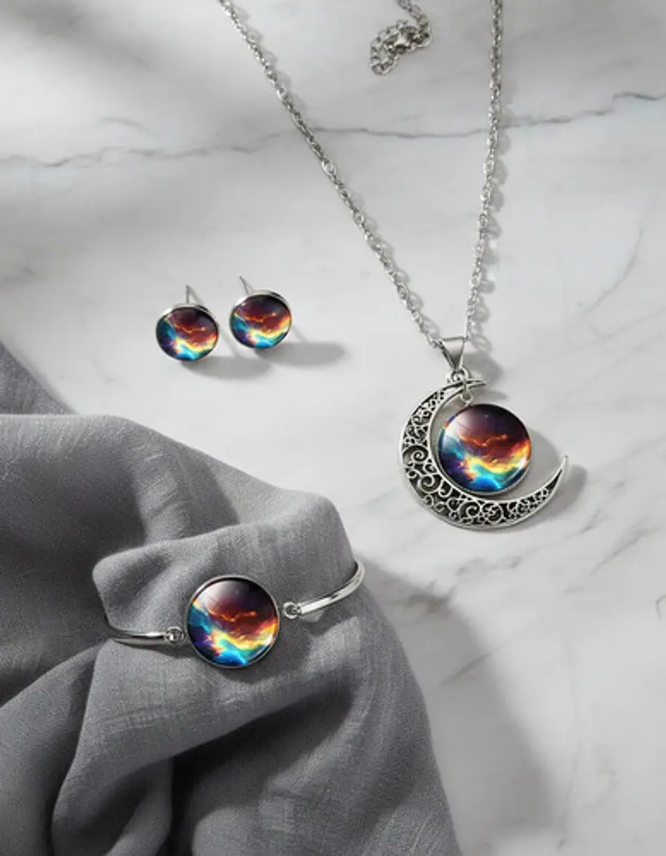 Set Joyería Mujer Collar, Pulsera Y Aretes Dije Galaxia Luna 14