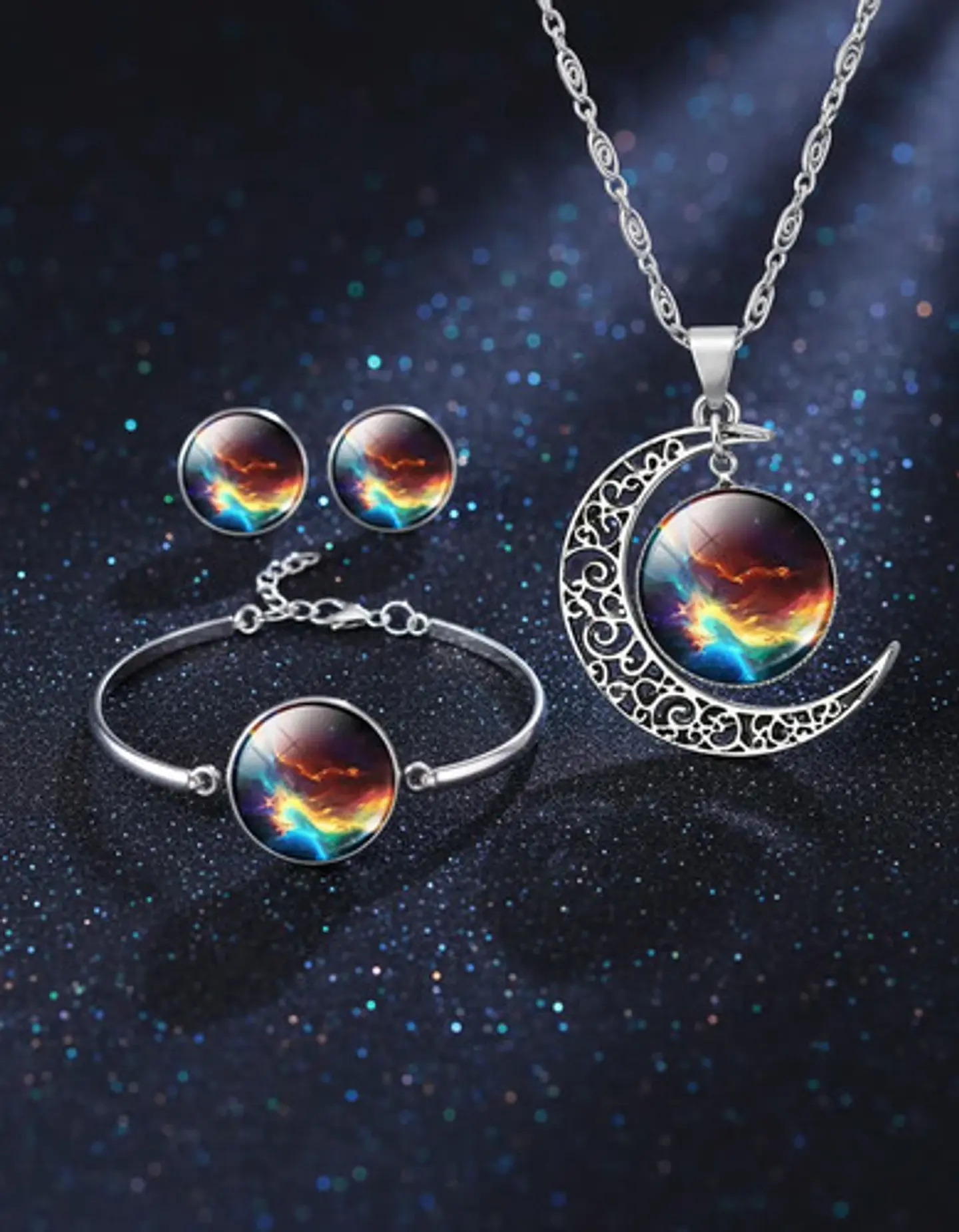 Set Joyería Mujer Collar, Pulsera Y Aretes Dije Galaxia Luna 18