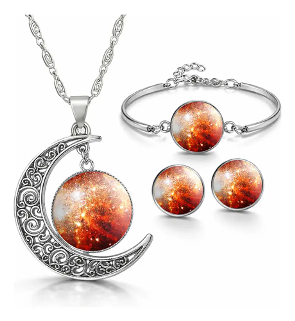Set Joyería Mujer Collar, Pulsera Y Aretes Dije Galaxia Luna 19
