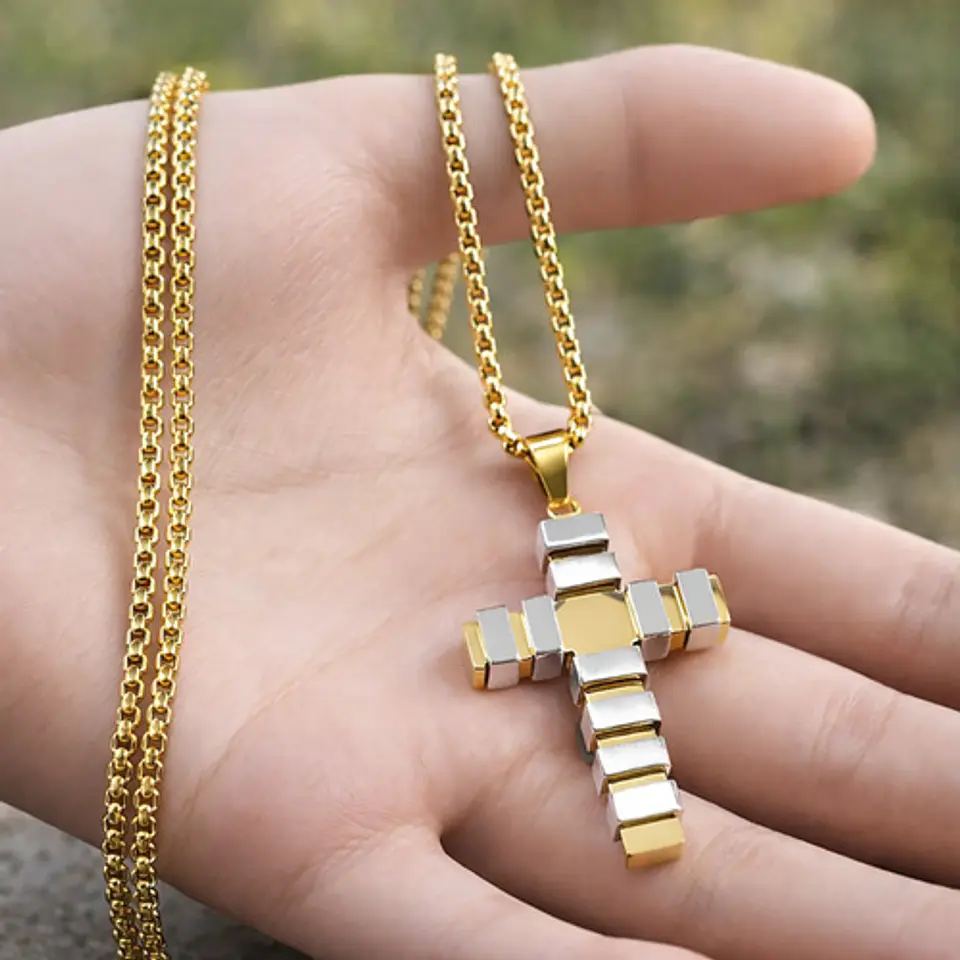 Collar Para Hombre Mujer Con Dije Doble Tono Cruz Geométrica 11