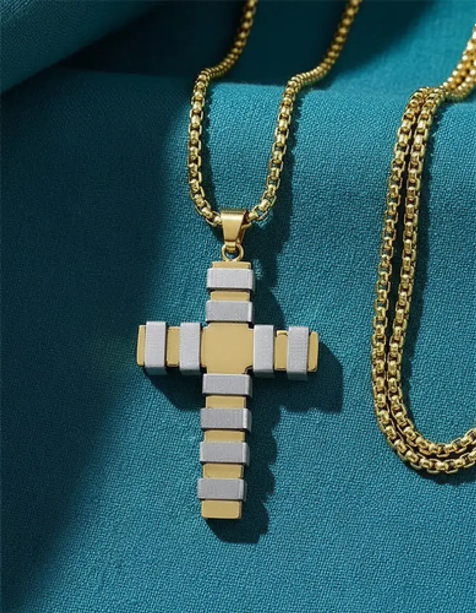 Collar Para Hombre Mujer Con Dije Doble Tono Cruz Geométrica 12