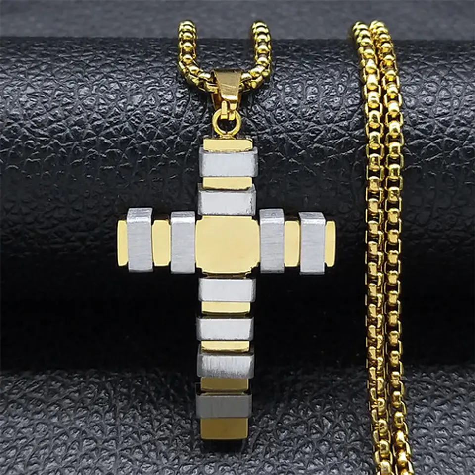 Collar Para Hombre Mujer Con Dije Doble Tono Cruz Geométrica 15