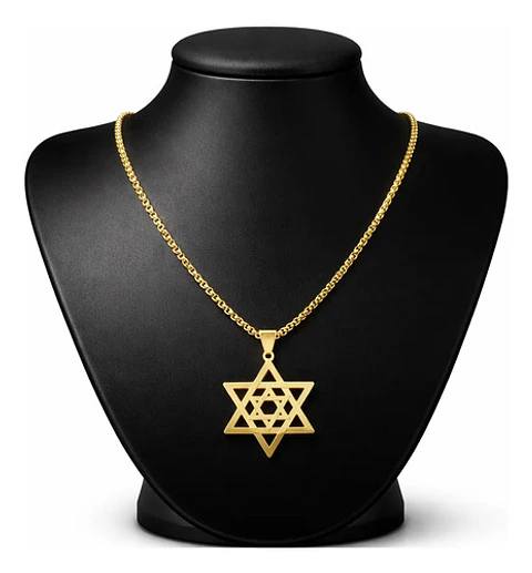Collar Para Hombre Y Dije Estrella Hexagrama Judía Color Oro