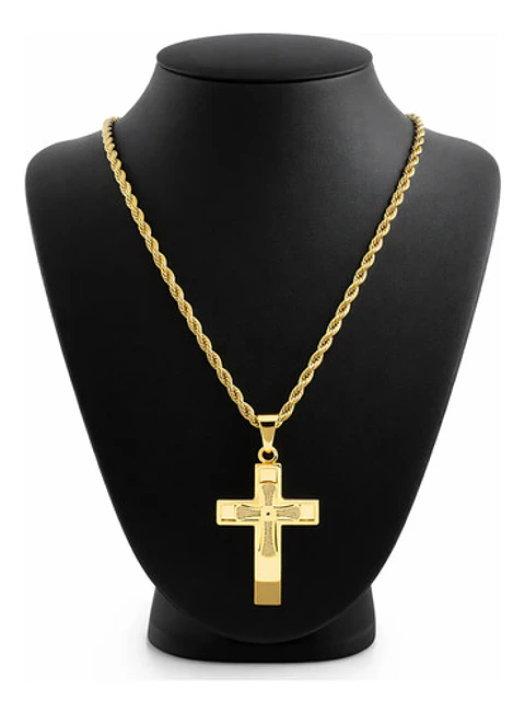 Collar De Acero Color Oro Para Hombres Dije Cruz Católica