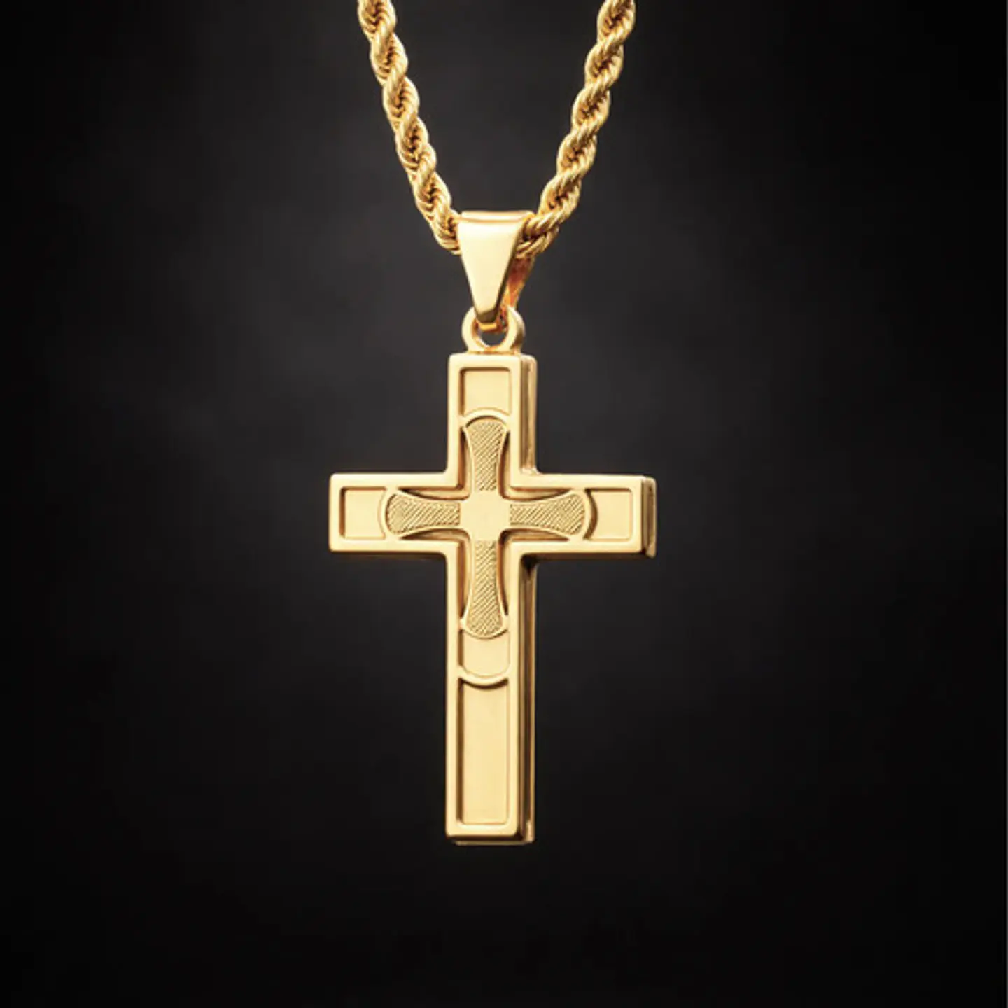 Collar De Acero Color Oro Para Hombres Dije Cruz Católica 7