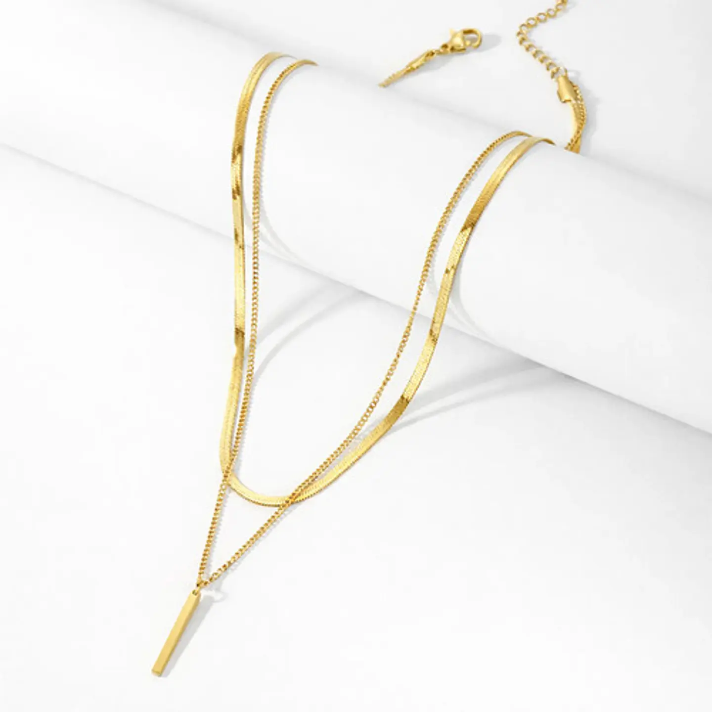 Collar Doble Capa De Acero Para Mujer Dije Minimalista Barra 8