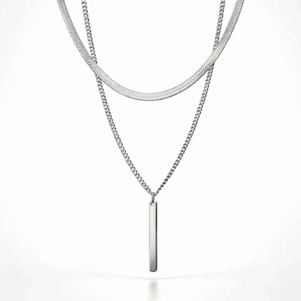 Collar Doble Capa De Acero Para Mujer Dije Minimalista Barra 10