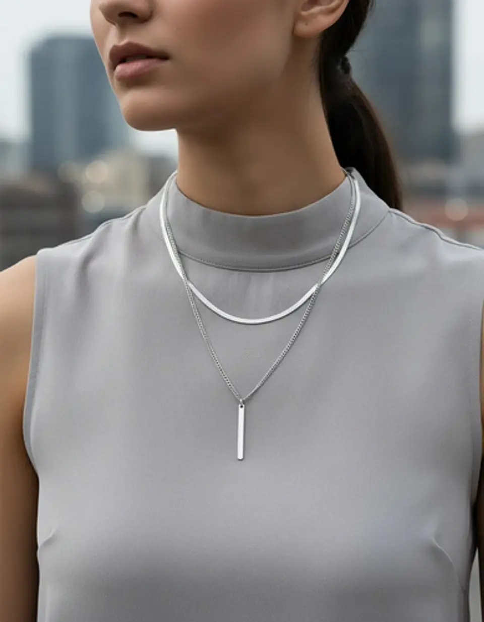 Collar Doble Capa De Acero Para Mujer Dije Minimalista Barra 12