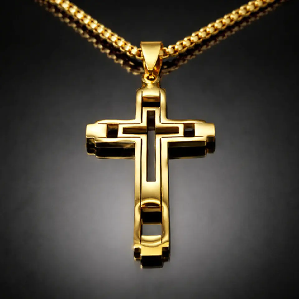 Collar De Acero Color Oro Para Hombre Dije Geometrico Cruz 4