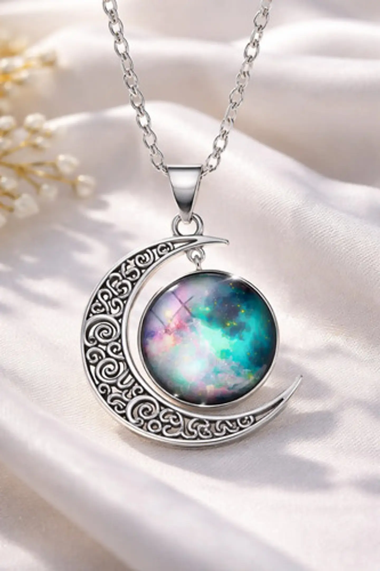Collar Para Mujer Dije Luna Cabujón Cristal Galaxia Nebulosa 2