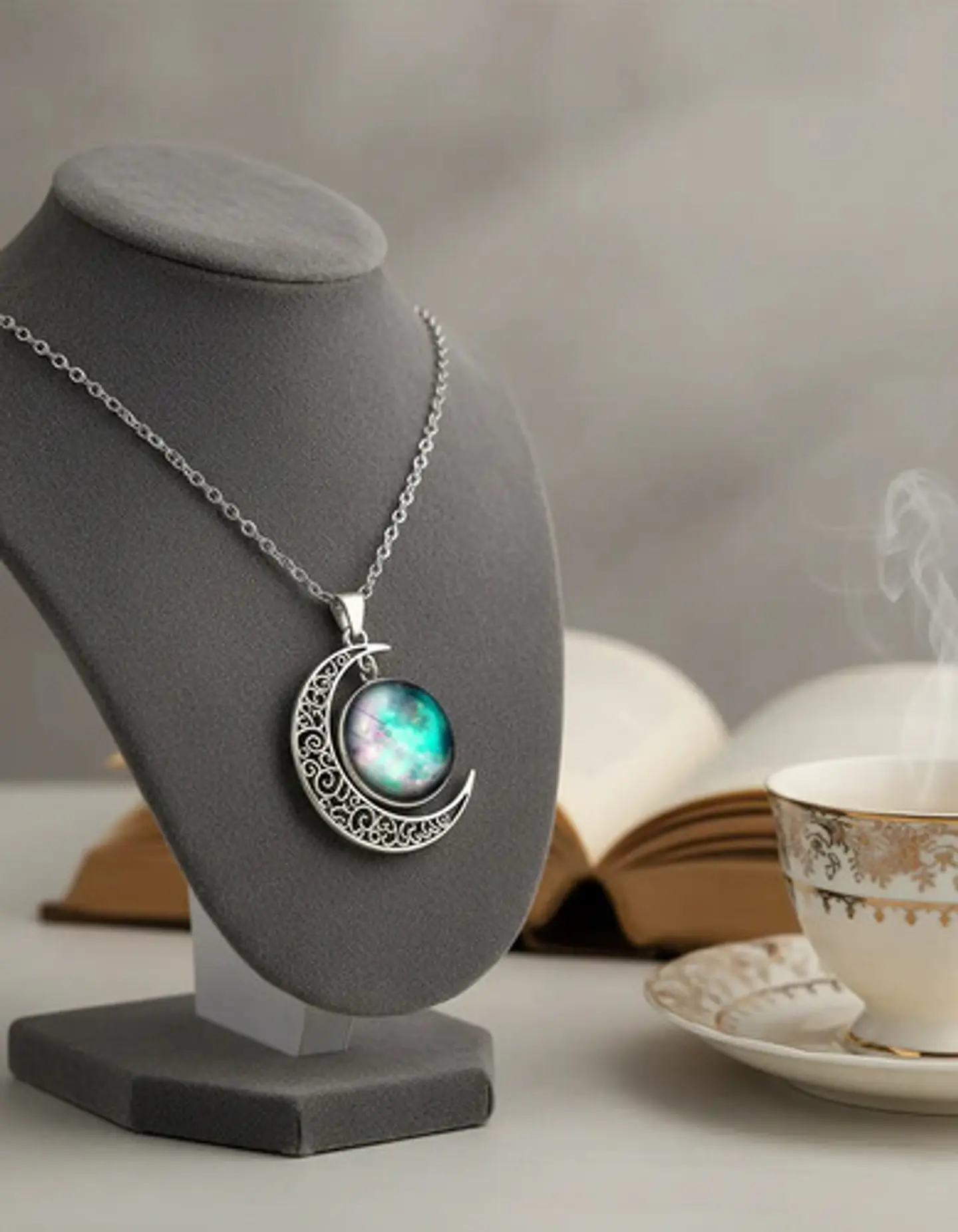 Collar Para Mujer Dije Luna Cabujón Cristal Galaxia Nebulosa 4