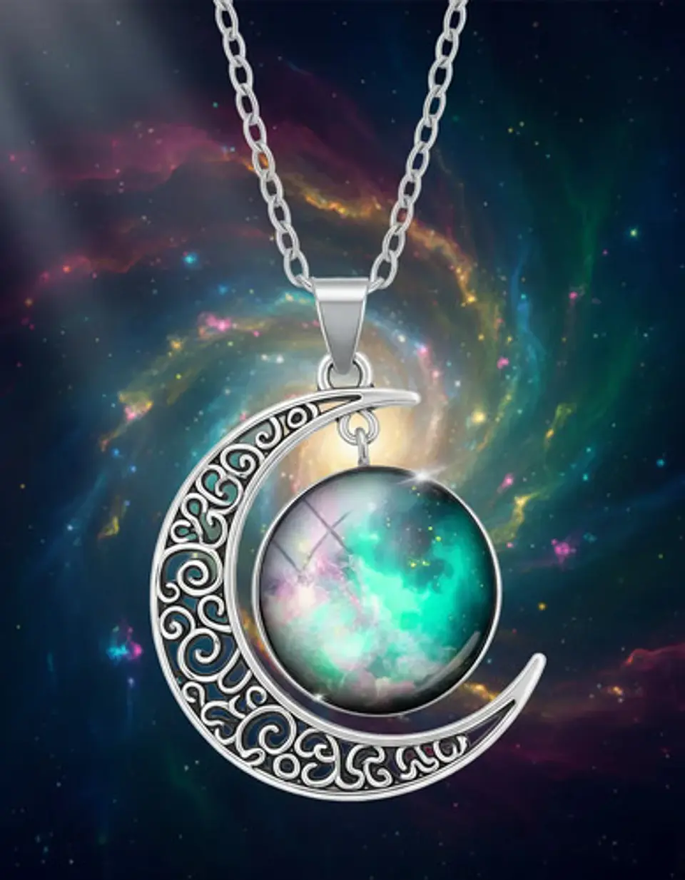 Collar Para Mujer Dije Luna Cabujón Cristal Galaxia Nebulosa 5