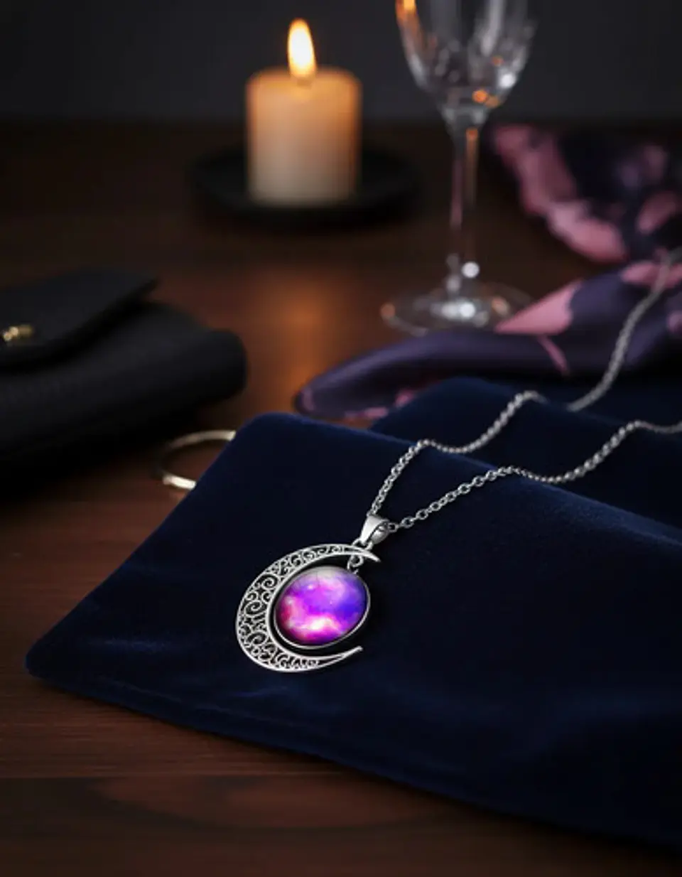 Collar Para Mujer Dije Luna Cabujón Cristal Galaxia Nebulosa 10