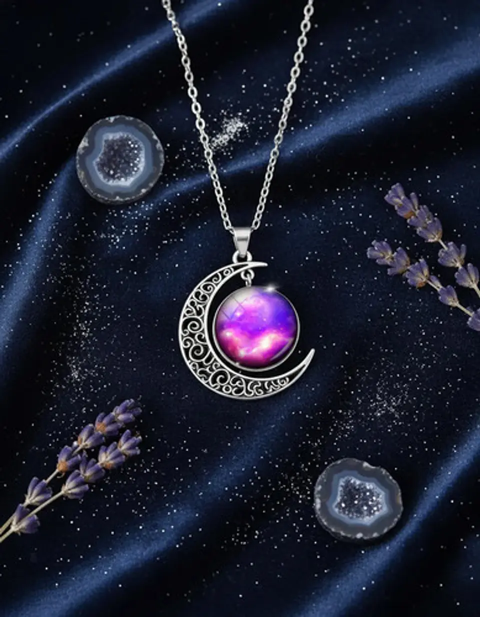 Collar Para Mujer Dije Luna Cabujón Cristal Galaxia Nebulosa 11