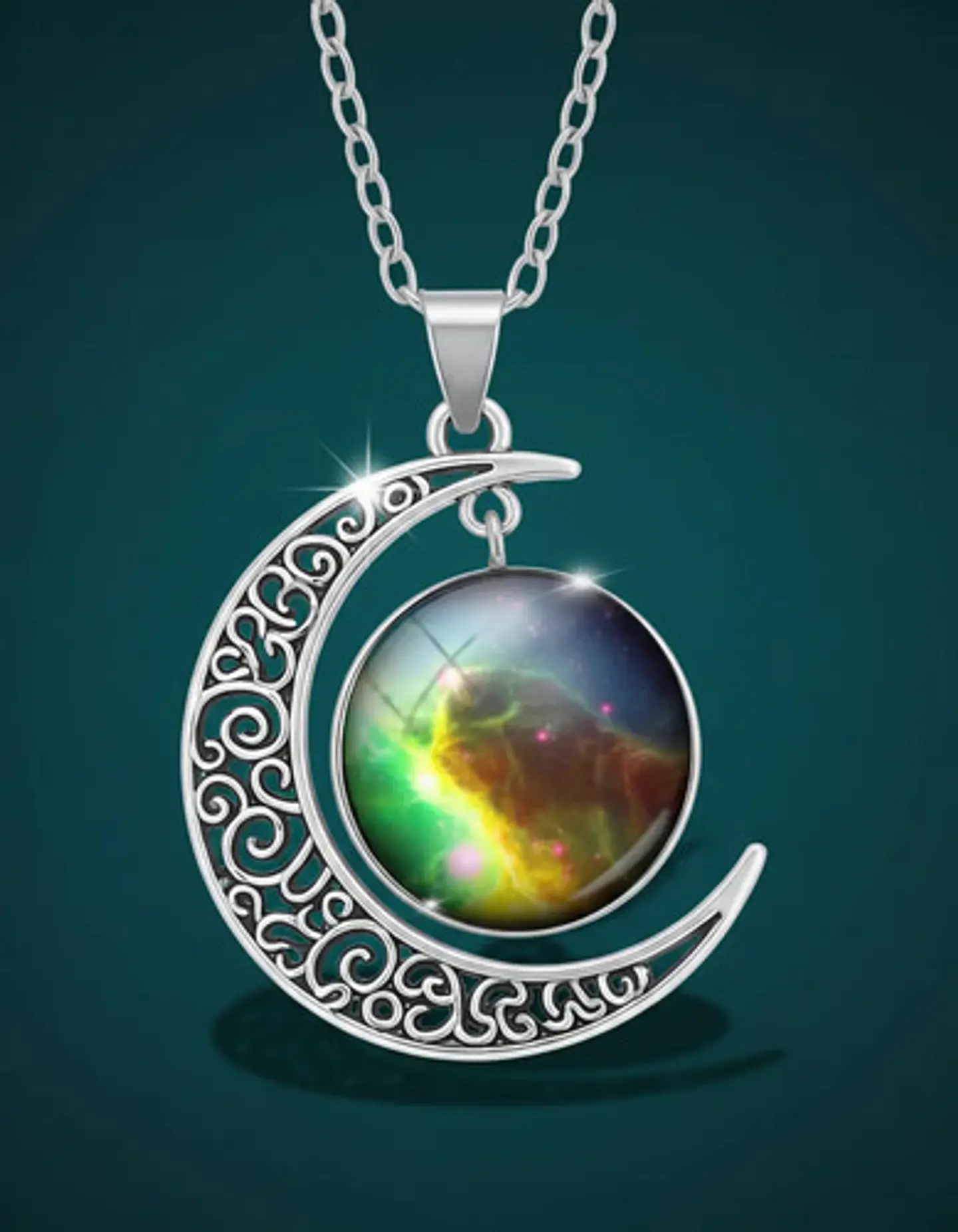 Collar Para Mujer Dije Luna Cabujón Cristal Galaxia Nebulosa 14